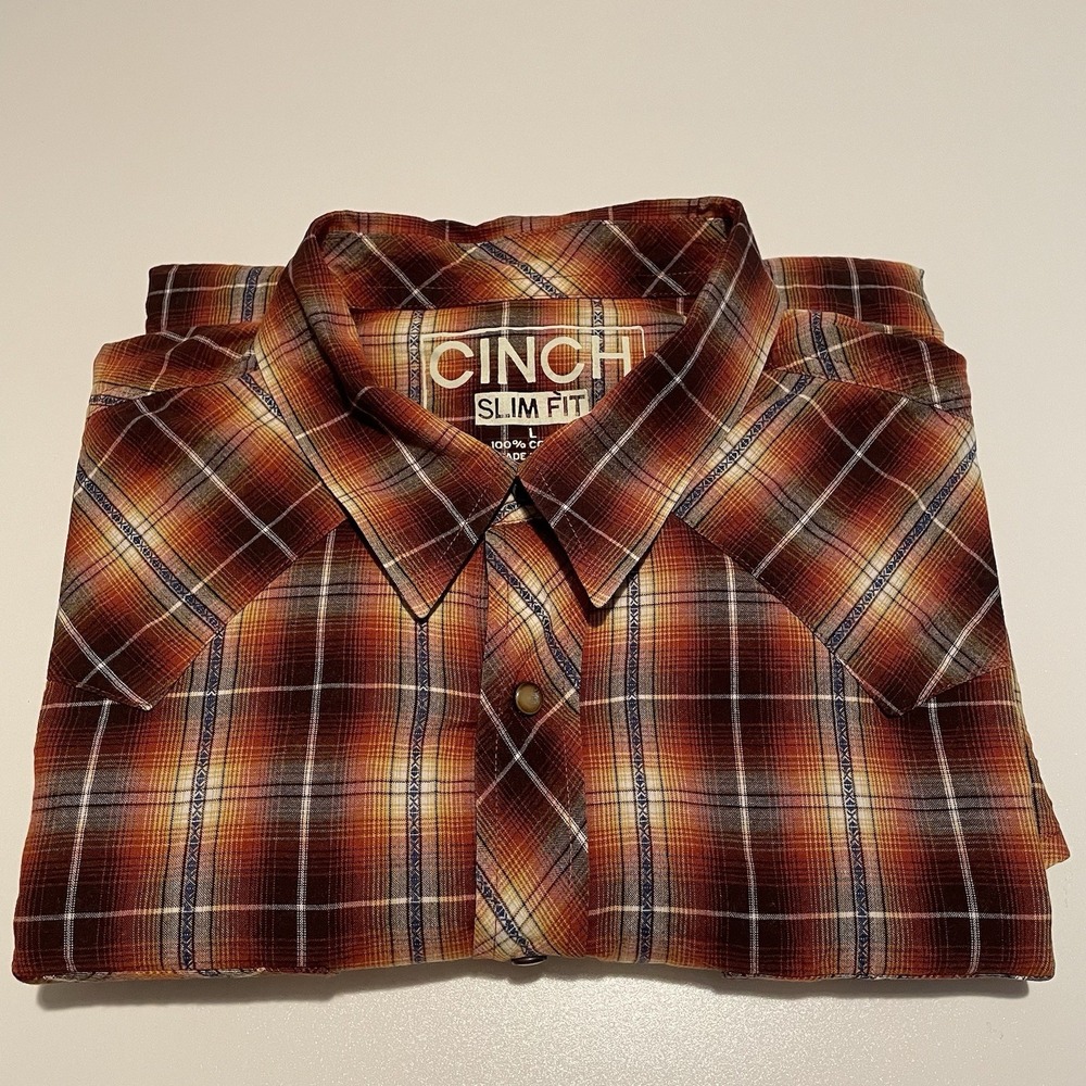 Cinch Pearl Snap Shirt Mens Large Slim Fit  Brown Orange Plaid Western Cowboy